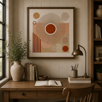 Cozy rustic study with abstract Digital art