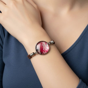 Boho Bracelet Red White Centerpiece, Adjustable Brown Faux Leather Strap, Artistic Bohemian Jewelry Eco-Friendly Gift Her Cat