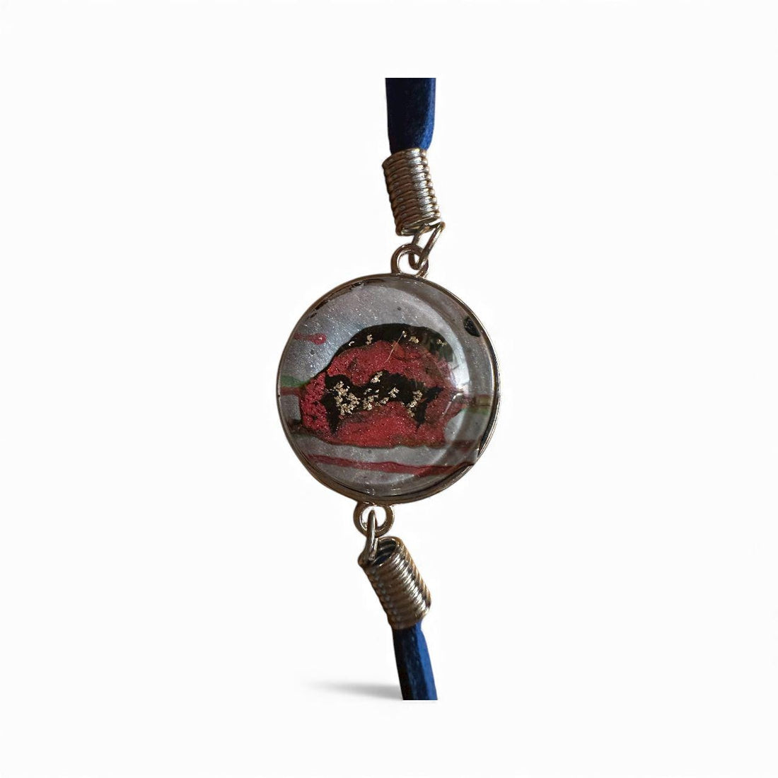 Handmade Gold Leaf Resin Bracelet, Red Abstract Art, Blue Cord
