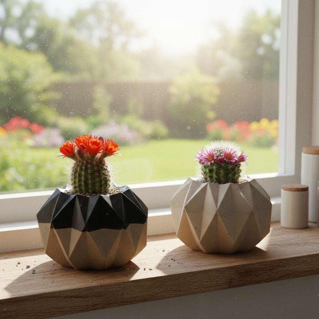 Geometric Concrete Planter Bowl, Faceted Candle Holder, Modern Minimalist Decor