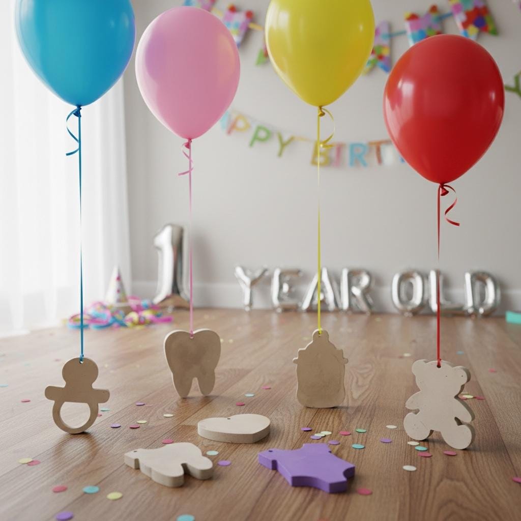 Cement Baby Balloon Weights  Pacifier, Bottle, Onesie Shapes  Party Decor Tie Downs - Set Of 8