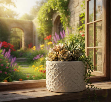 Embossed Floral Concrete Planter, Handmade Cement Succulent Pot
