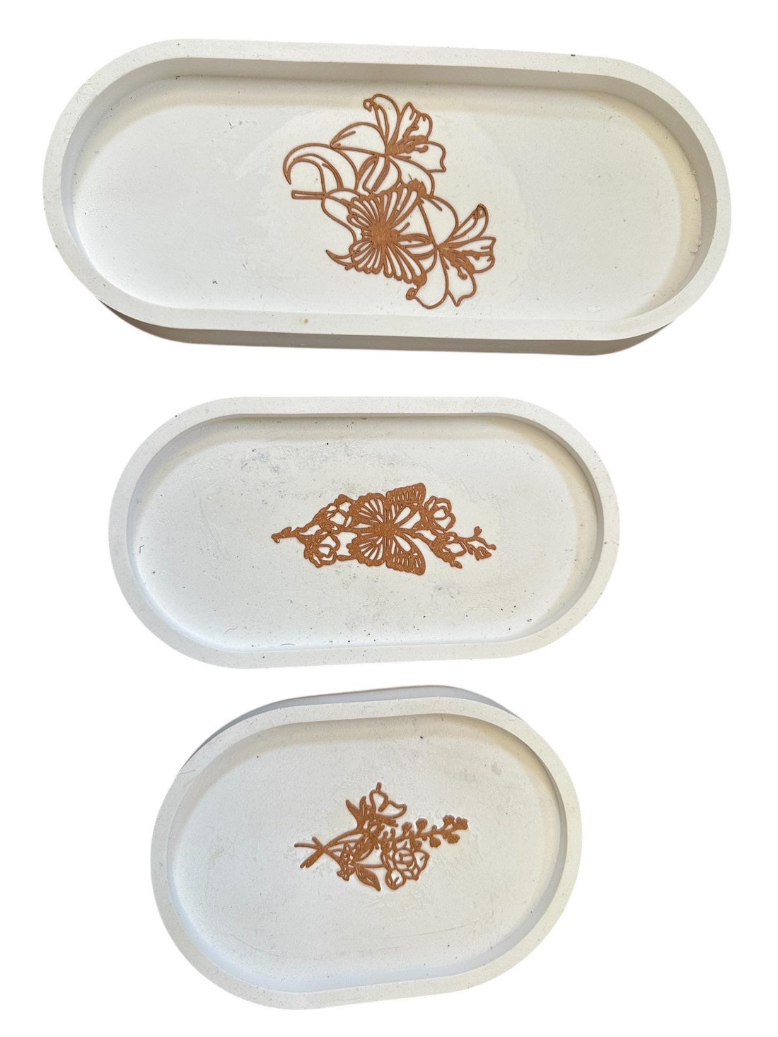 Set of 3 Botanical Cement Trays  Handmade Concrete Catchall Set with Inlaid Floral Design, Modern Minimal Decor, Food Safe Acrylic Sealer