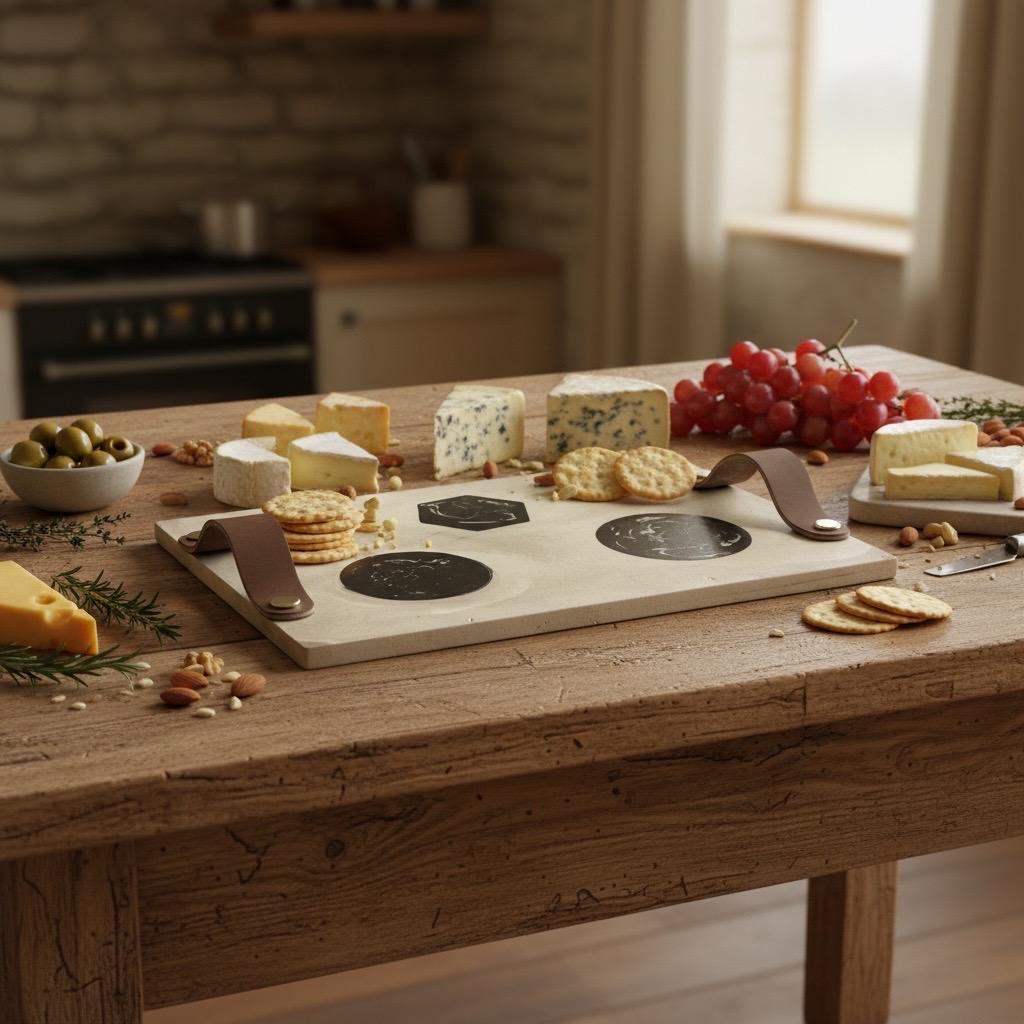 Minimalist Cement Charcuterie Tray | Modern Serving Board with Leather Handles | Housewarming Gift