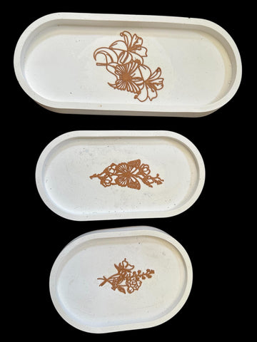 Set of 3 Botanical Cement Trays  Handmade Concrete Catchall Set with Inlaid Floral Design, Modern Minimal Decor, Food Safe Acrylic Sealer