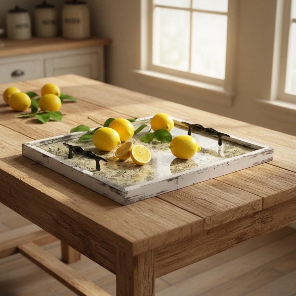 Rustic Botanical Resin Tray  Handmade Floral Wooden Serving Tray  Cottagecore Coffee Table Decor  Farmhouse Vanity Tray  Wedding Cake Di