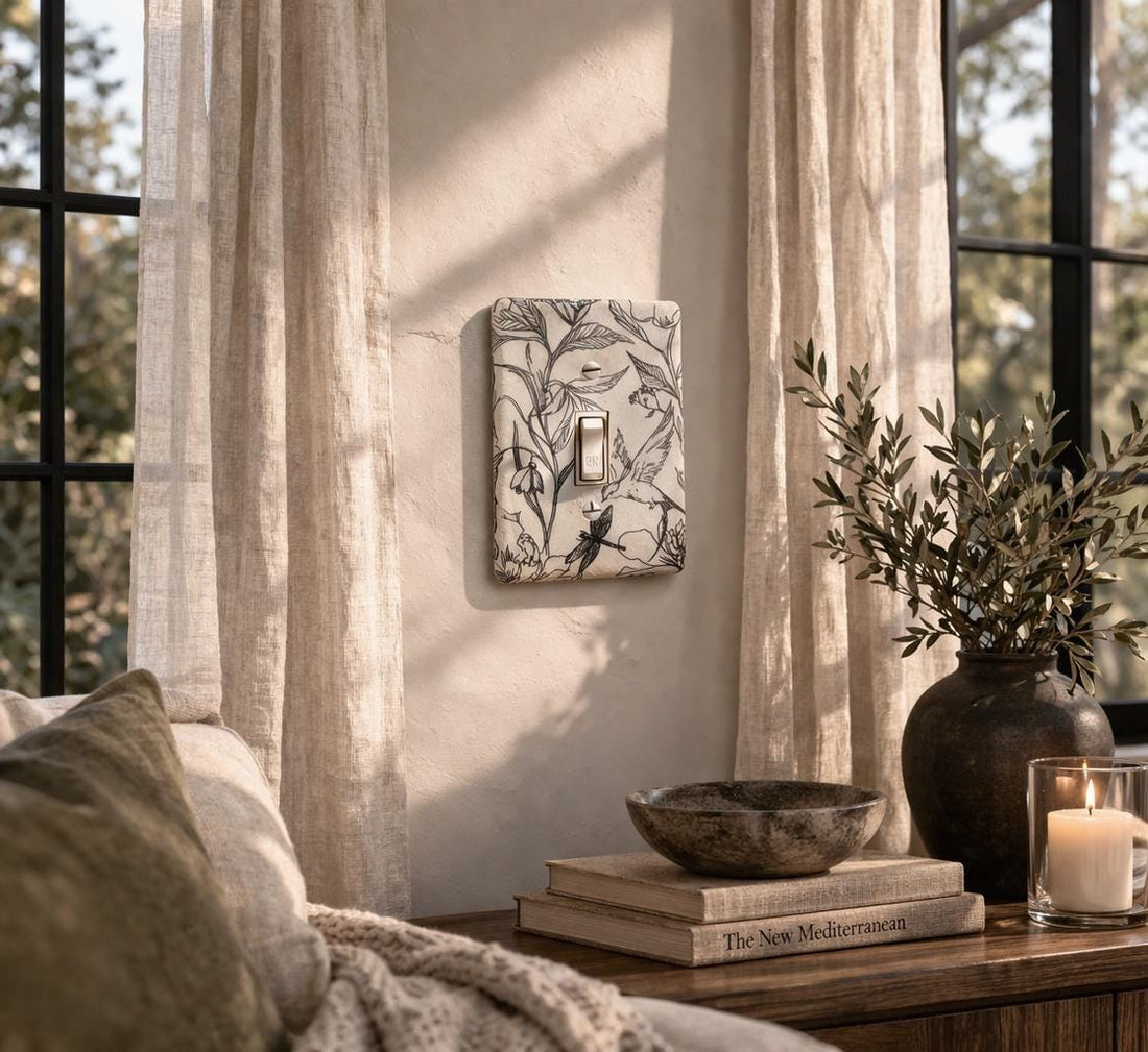 Botanical Light Switch Cover, Vintage Farmhouse Floral Wall Plate, Cottagecore Cement Decor