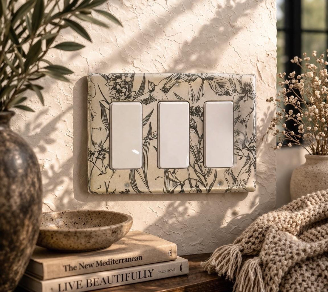 Botanical Triple Toggle Switch Plate  Concrete Floral Light Cover, Cottagecore Wall Decor