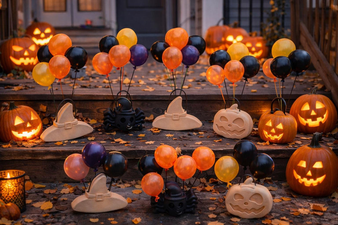 Set of 3 Halloween Balloon Anchors, Concrete Resin Pumpkin Spider Witch Hat Decor