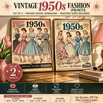 Vintage 1950s Fashion Prints Set, Retro Pin Up Wall Art (Digital Download)