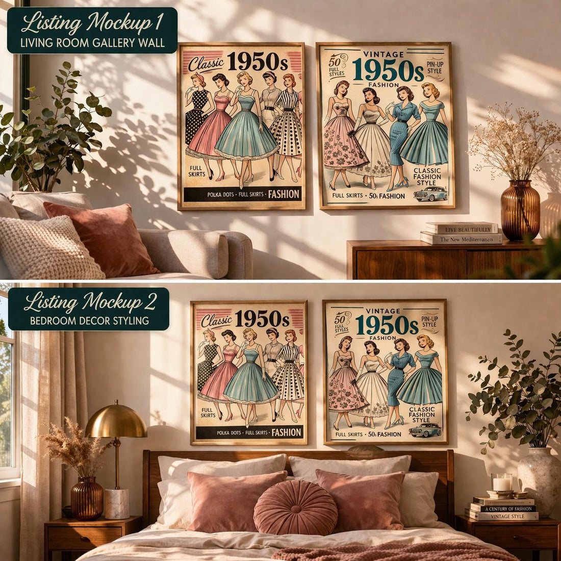 Vintage 1950s Fashion Prints Set, Retro Pin Up Wall Art (Digital Download)