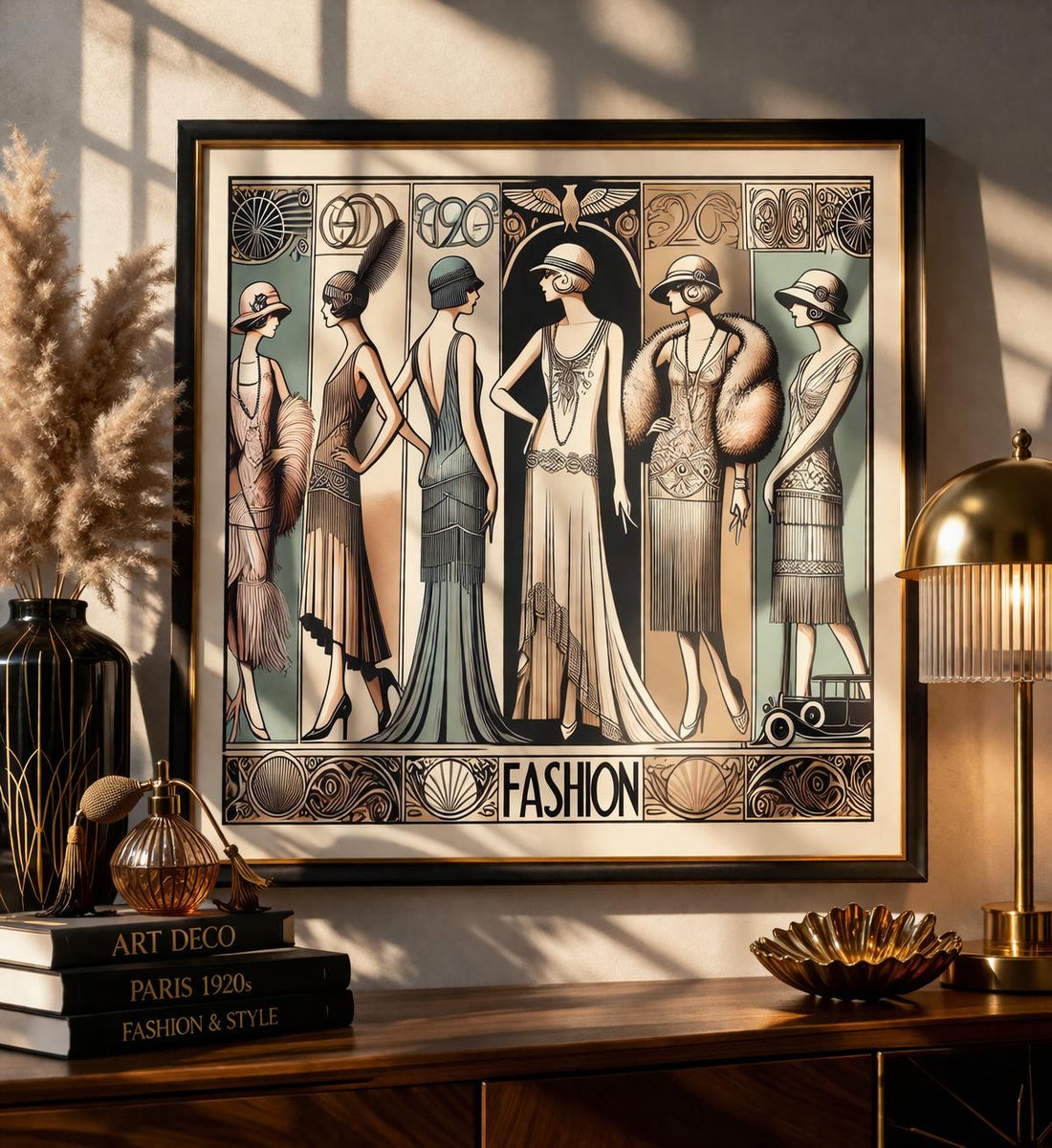 Art Deco Fashion Prints Set, 1920s Flapper Wall Art, Gold Neutral Gallery (Digital Download)