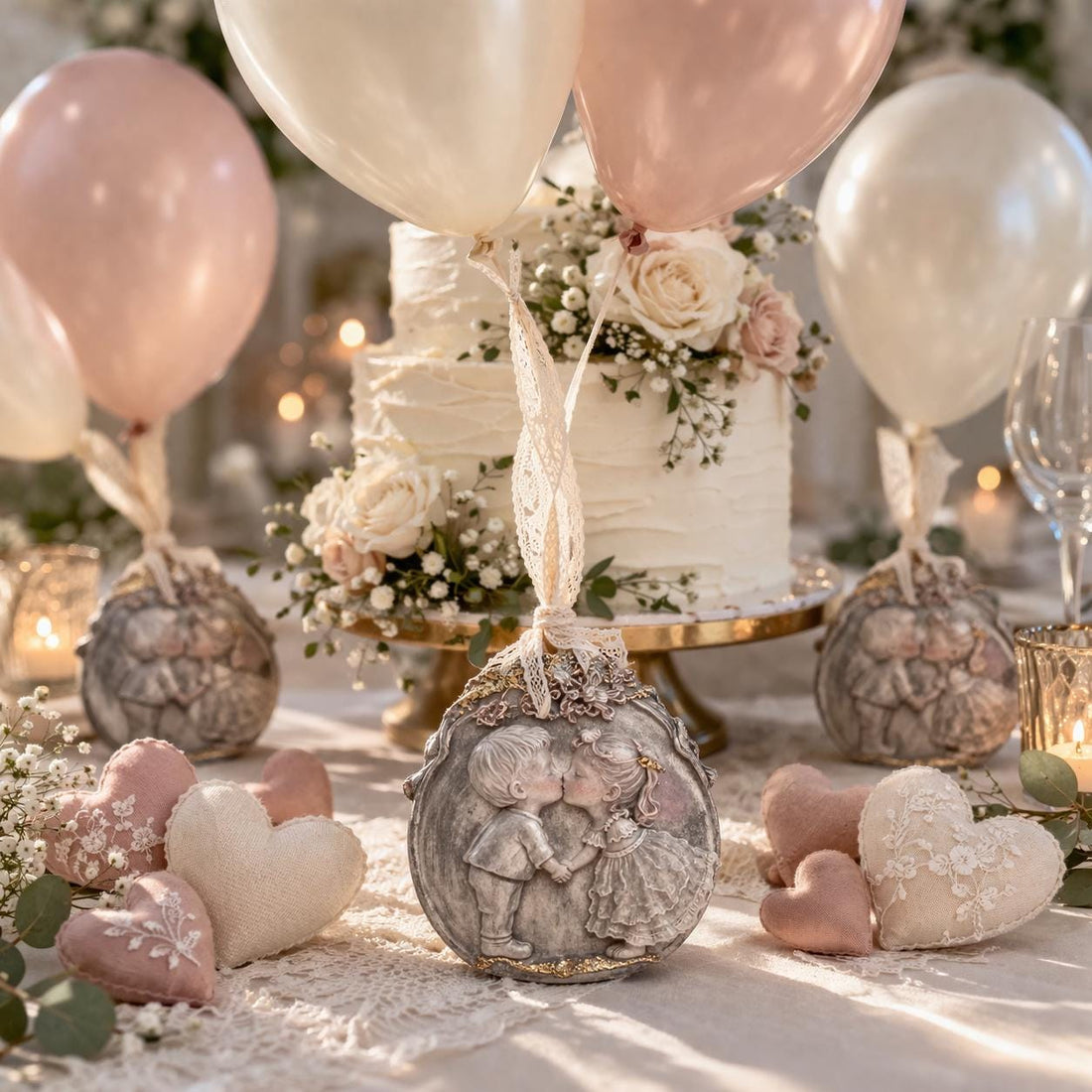 Handmade Resin Balloon Weights, Bride Groom Design, Soft Gold Wedding Decor, Keepsake Set