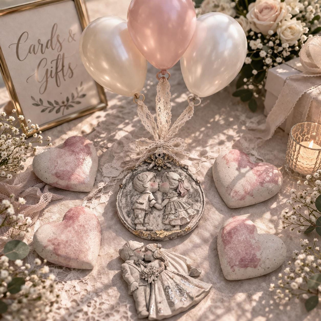 Handmade Wedding Balloon Weights, Bride Groom Hearts, Vintage Table Decor Set