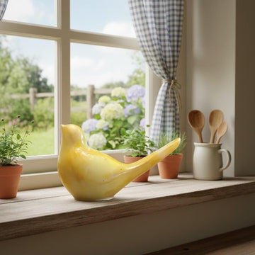 Handmade Yellow Bird Figurine, Resin Concrete Decor, Minimalist Cottagecore Accent