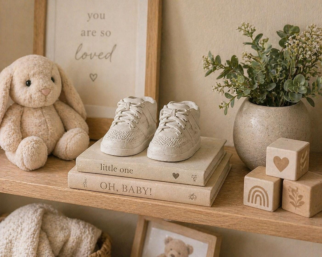 Concrete Baby Shoes Keepsake, Handmade Cement Sculpture, Neutral Nursery Decor