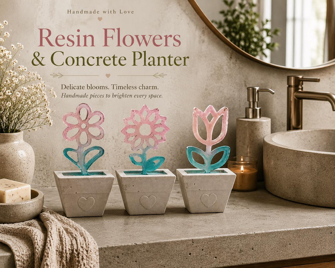 Resin Flower & Concrete Planter, Cottagecore Shelf Decor, Handmade Floral Desk Decor, Cute Kitchen Windowsill Decoration