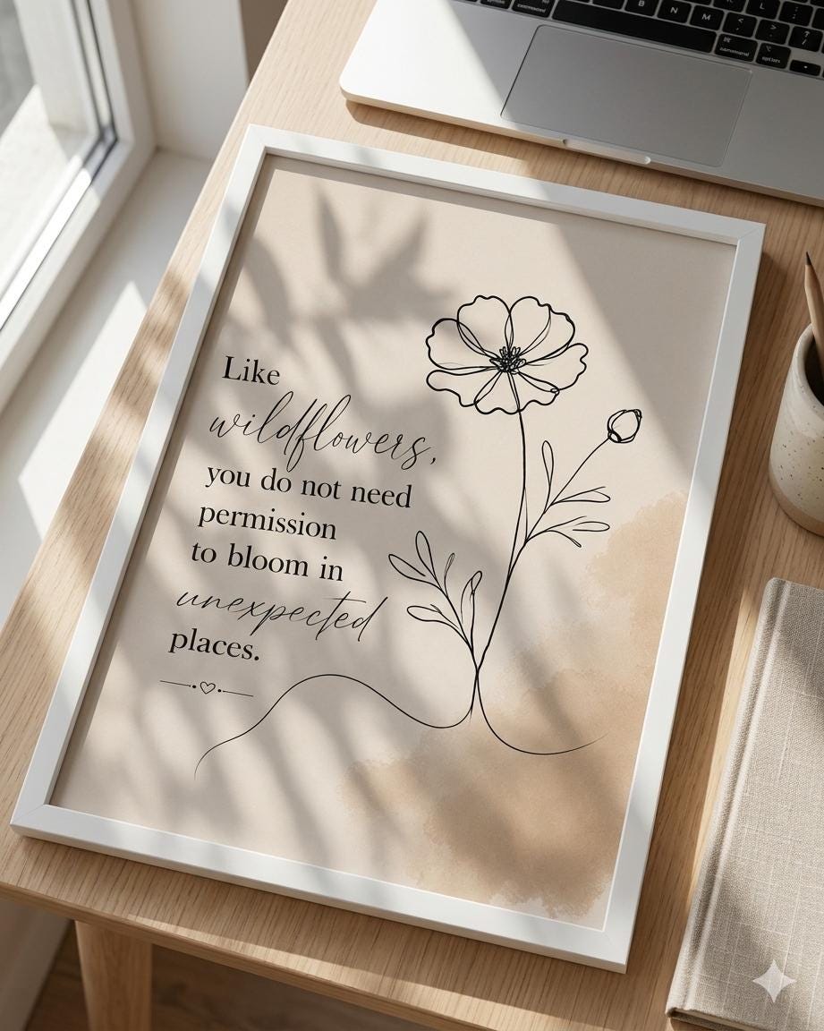 Wildflower Inspirational Printable Wall Art, Minimalist Botanical Line Drawing, Neutral Boho Quote Print, Cottagecore Digital Download Decor