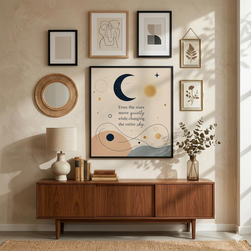 Inspirational Printable Wall Art, Moon and Stars Quote Print, Minimalist Boho Cosmic Decor, Neutral Modern Digital Download