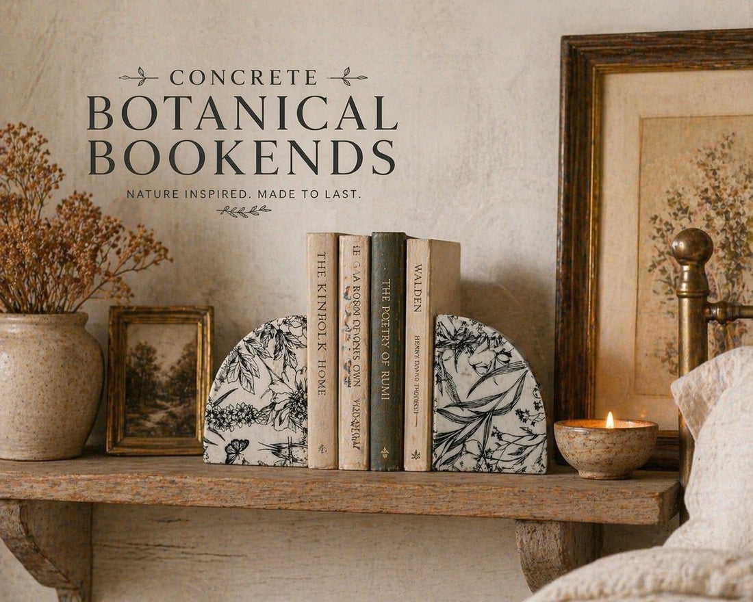 Concrete Botanical Bookends | Handmade Floral Shelf Decor