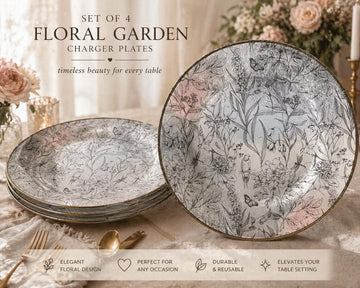Set of 4 Floral Garden Charger Plates, Transparent Botanical Plastic Table Decor