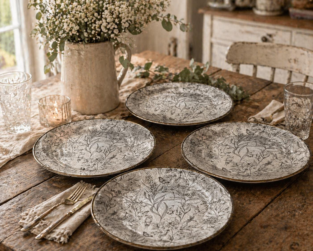 Set of 4 Floral Garden Charger Plates, Transparent Botanical Plastic Table Decor