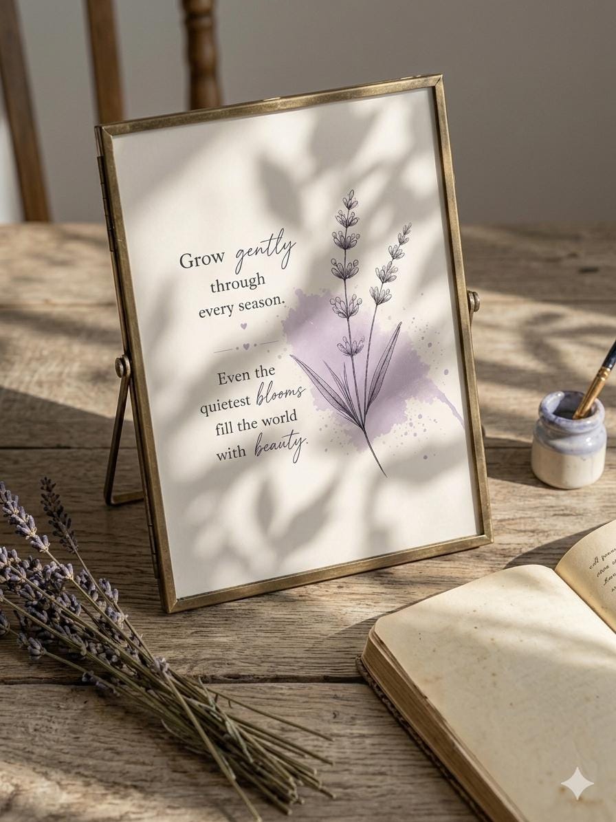 Lavender Botanical Printable Wall Art, Inspirational Quote Print, Minimalist Purple Floral Decor, Cottagecore Boho Digital Download