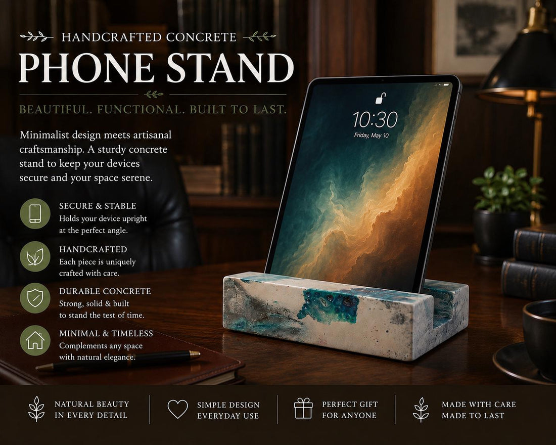 Concrete Phone Stand iPhone Dock Tablet Holder Handmade Desk Organizer Kitchen Recipe Stand Bedside Charging Dock Office Decor Gift