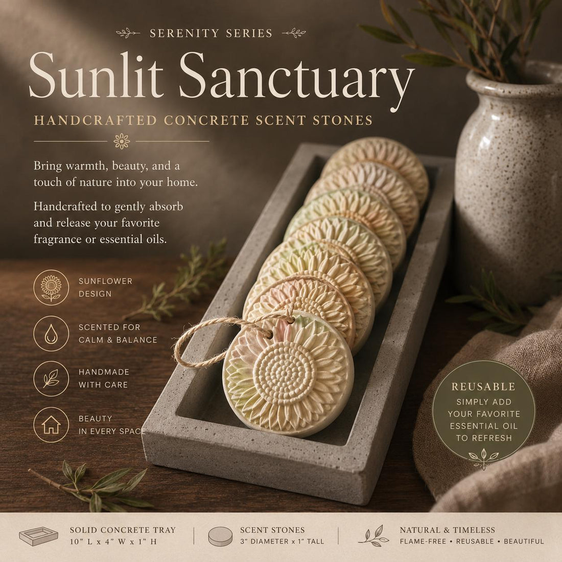 Sunlit Sanctuary Scent Stones  Concrete Aroma Diffusers with Tray, Sunflower Essential Oil Stones, Reusable Home Fragrance Decor, Serenity