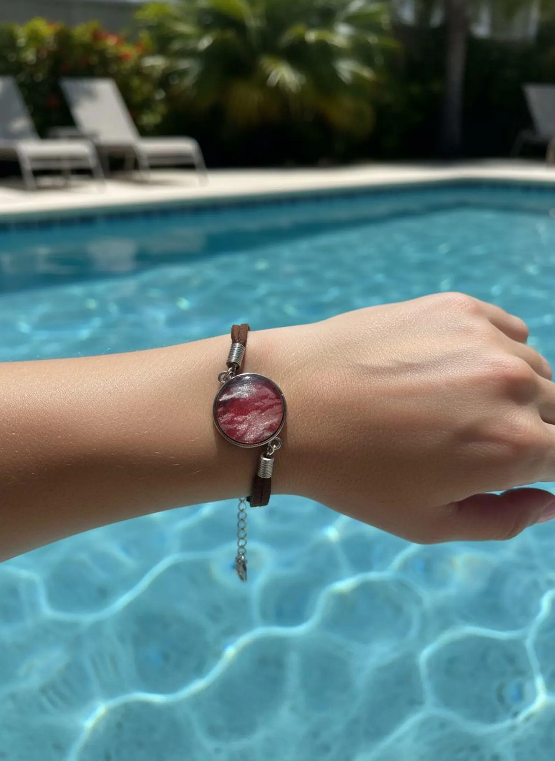 Boho Bracelet Red White Centerpiece, Adjustable Brown Faux Leather Strap, Artistic Bohemian Jewelry Eco-Friendly Gift Her Cat